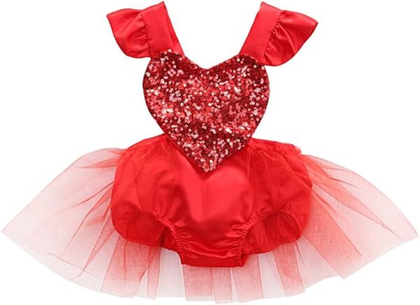 Muasaaluxi Newborn Baby Girls Valentine Romper Tutu Dress Fly Sleeve Heart Sequins Bodysuit Jumpsuit Summer Outfit 0-3Y